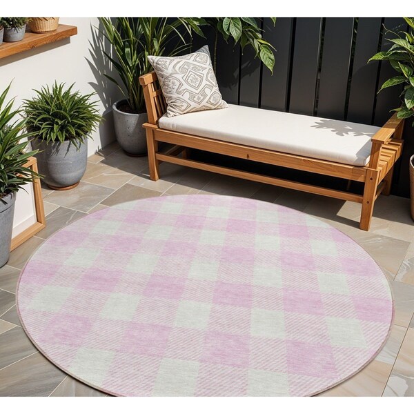 Homeroots 8' Pink And Gray Round Plaid Washable Indoor Outdoor Area Rug 595423 - main