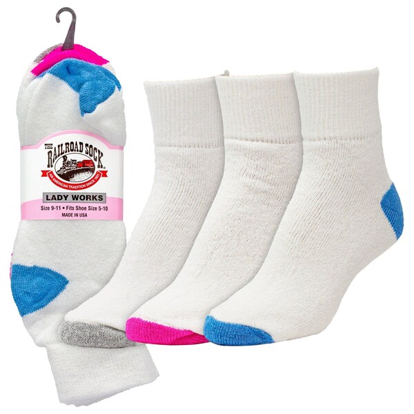 Railroad Sock Womens Quarter Socks, 80% Ringspun Cotton, 20% Nylon, White/Assorted, 5-10 W; 4 Pair-7.5 M, 3 PK 3013 - main