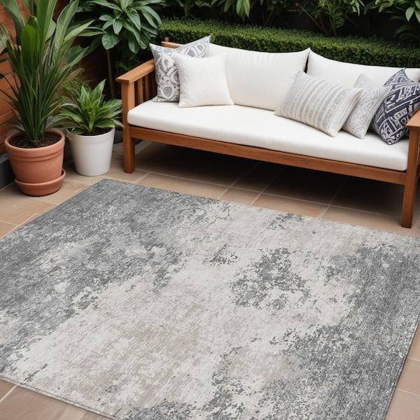 Homeroots 9' X 12' Gray And Beige Abstract Washable Indoor Outdoor Area Rug 599500 - main