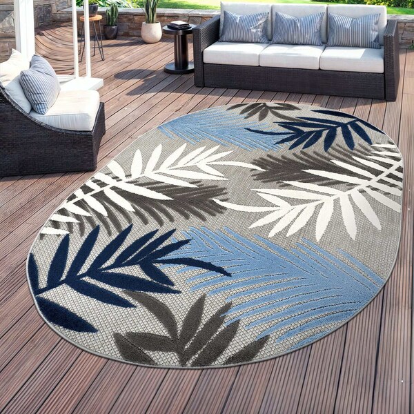 World Rug Gallery Palm Frond Indoor/Outdoor Area Rug 5 ft x 7 ft Oval Blue 5550BLUE5OV - main