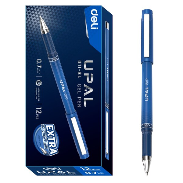 Deli UPAL Gel Pen 0.7mm, Blue Ink, Capped, Metal Clip, 12PK EG11-BL - main