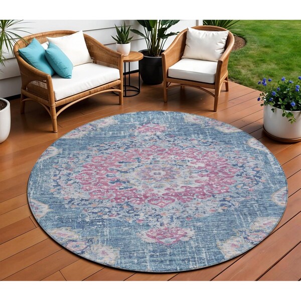Homeroots 8' Blue Round Floral Medallion Washable Indoor Outdoor Area Rug 607844 - main