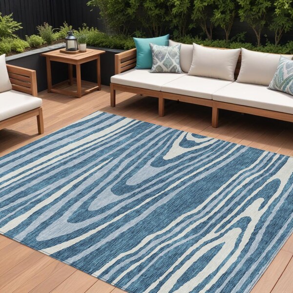Homeroots 9' X 12' Navy Blue Denim Blue And Ivory Faux Bois Washable Indoor Outdoor Area Rug 614495 - main
