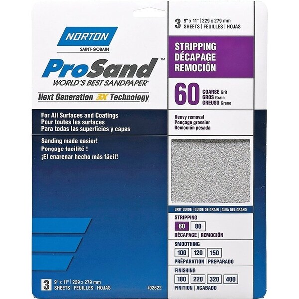 Norton Co ProSand 07660768164 Sanding Sheet, 11 in L, 9 in W, Coarse, 60 Grit, Aluminum Oxide Abrasive 2622 - main