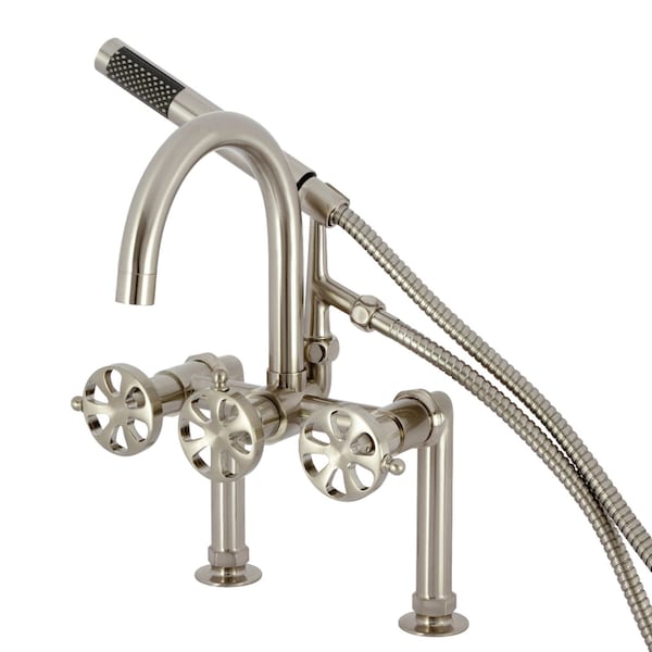 Kingston Brass 7" Center Deck-Mount Clawfoot Tub Faucet with Hand Shower, Brushed Nickel AE8108RX - main