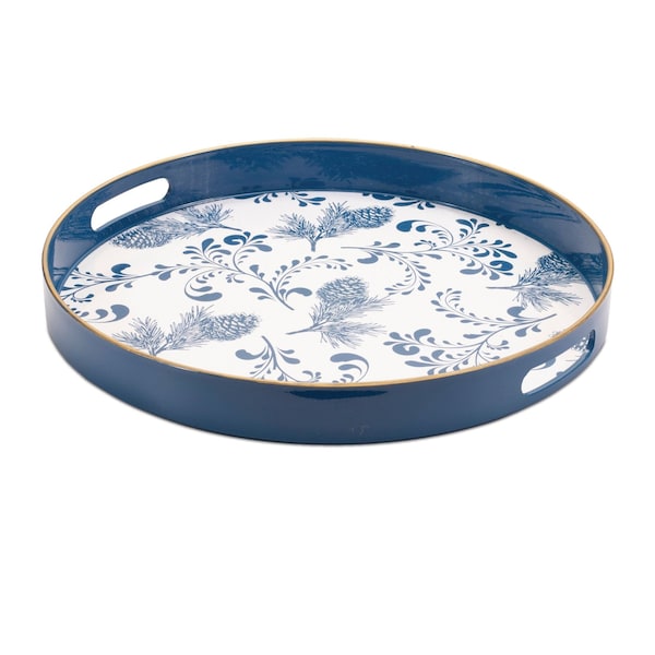 Homeroots 14" Blue White And Gold Pinecone Round Serving Tray 634488 - main
