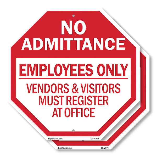Signmission No Admittance Employees Only Vendor, 10 inch X 10 inch, Aluminum Metal Signs, 2PK OC-A-2PACK-10-74 - main