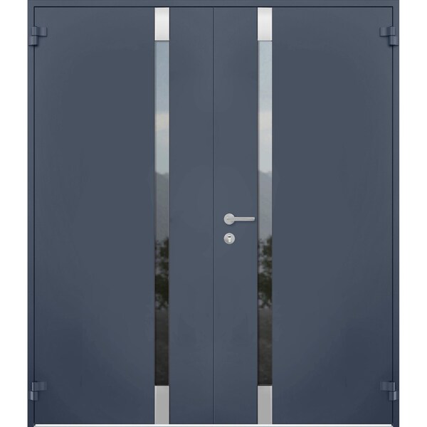 Vdomdoors Steel Double Doors Cynex 6777 Grey Stainless Inserts Single Modern Painted-W72xH80-Right-hand Outsw CYNEX6777DEXD-GRE-RH-O-W72 x H80 - main