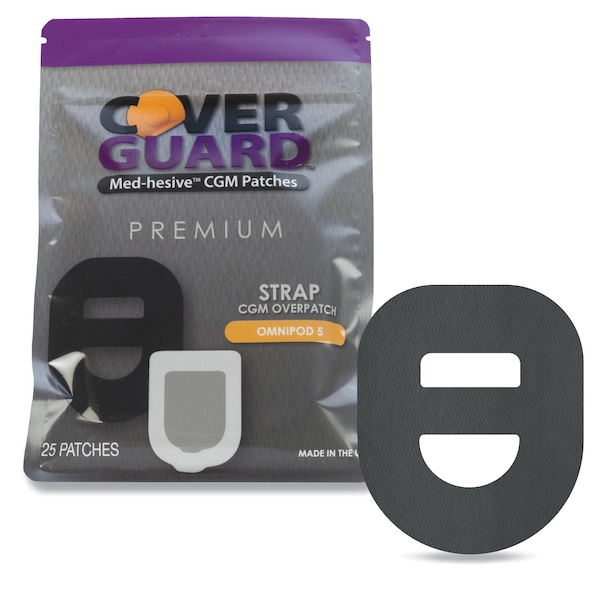 Coverguard CGM Overpatch, Omnipod 5 Insulin Pod, Black Cross-strap Design, Waterproof Adhesive, Anti-Fray, 25PK 101-301B - main