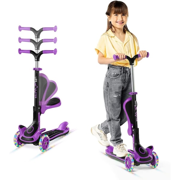 Lifemaster Kids 3-Wheel Scooter with Foldable Seat, LED Wheels, Adjustable Handlebar, Indoor/Outdoor Purple LIFMS47 - main