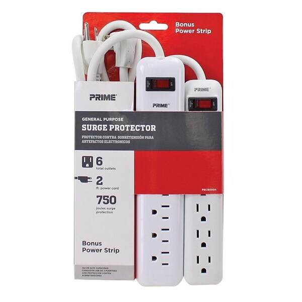 Prime Wire & Cable Prime General-Purpose Surge Protector, 125 V, 15 A, 6 -Outlet, 750 J Energy, <1 ns Response, White PBCB0004 - main