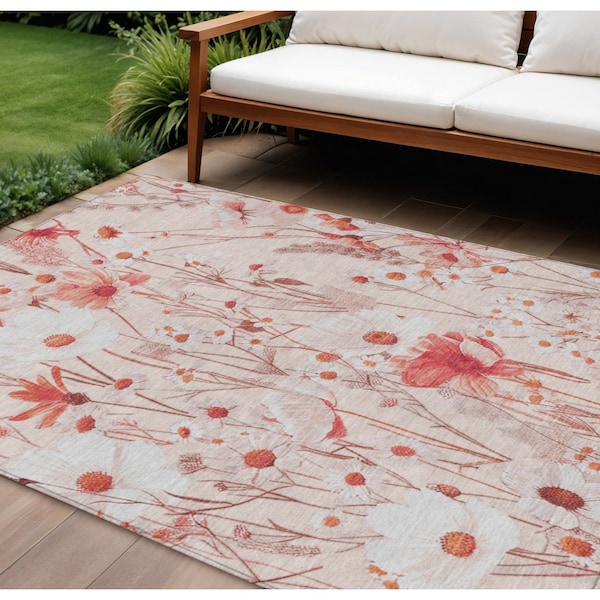 Homeroots 8' X 10' Salmon And Coral Floral Washable Indoor Outdoor Area Rug 611171 - main