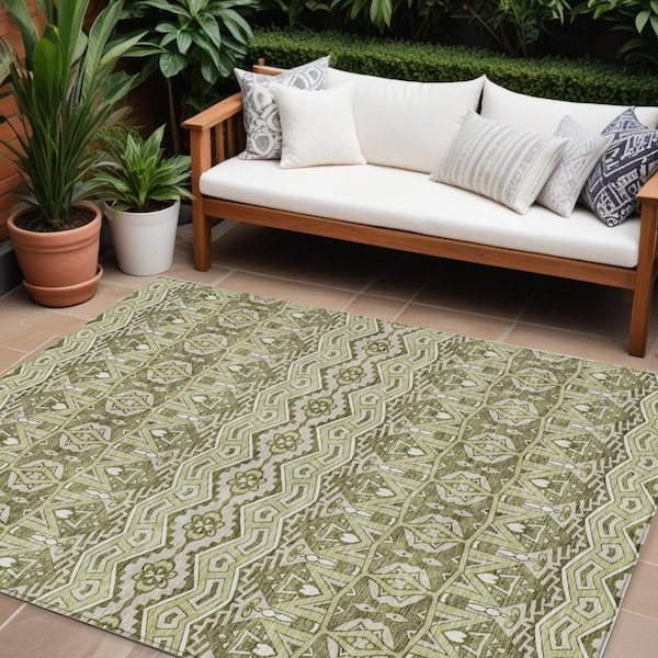 Homeroots 9' X 12' Artichoke Green Gray And Ivory Moroccan Washable Indoor Outdoor Area Rug 594296 - main