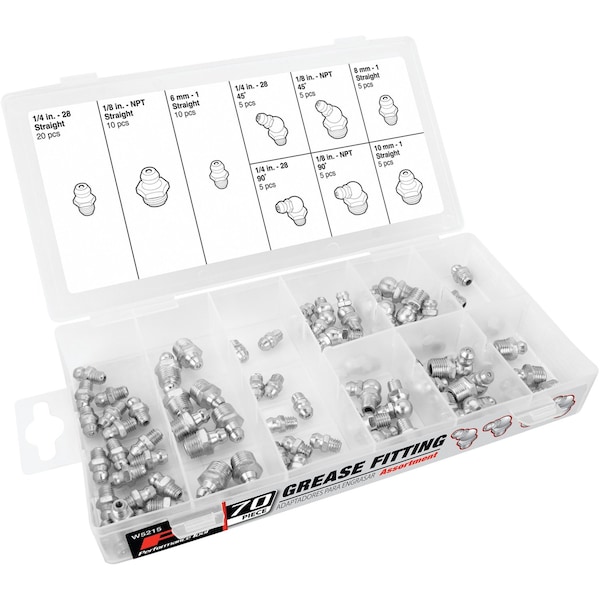Performance Tool 70 pc. Grease Fitting Assortment, Grease Nipples, SAE/Metric, Plastic Case W5215 - main