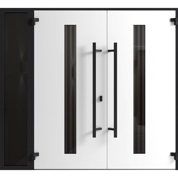 Vdomdoors Front Exterior Prehung Aluminum Double Doors Ronex1055 Teak 1 Sidelight Mirrored Clear Glass Entry RONEX1055DEXD-OAK-W72+12xH80-LH-O - main
