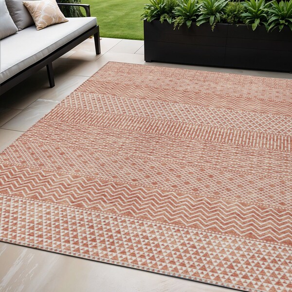 Homeroots 5' X 8' Salmon And Ivory Chevron Washable Indoor Outdoor Area Rug 612293 - main