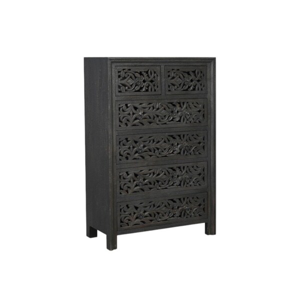 Homeroots 35" Black Carved Floral Solid Wood Six Drawer Dresser 569591 - main