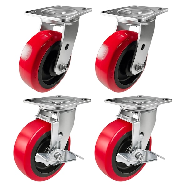 Hyw Products Heavy Duty Caster Set 6in Polyurethane on Plastic Wheels, 2 Swivel & 2 Swivel with Brake, 4PK 40-60S-A1-PU-2,40-60S-A1-PU-TB-2 - main