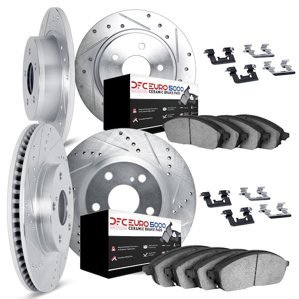 Dynamic Friction Co DFC Rotors-Drilled & Slotted-Silver w/ EURO 5000 Ceramic Brake Pads Incl Hdw 7614-74004 - main