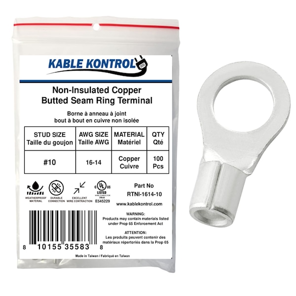 Kable Kontrol Non Insulated Copper Butted Seam Ring Terminal, 16-14 AWG, Stud Size # 10, 100 Pcs, 100PK RTNI-1614-10 - main