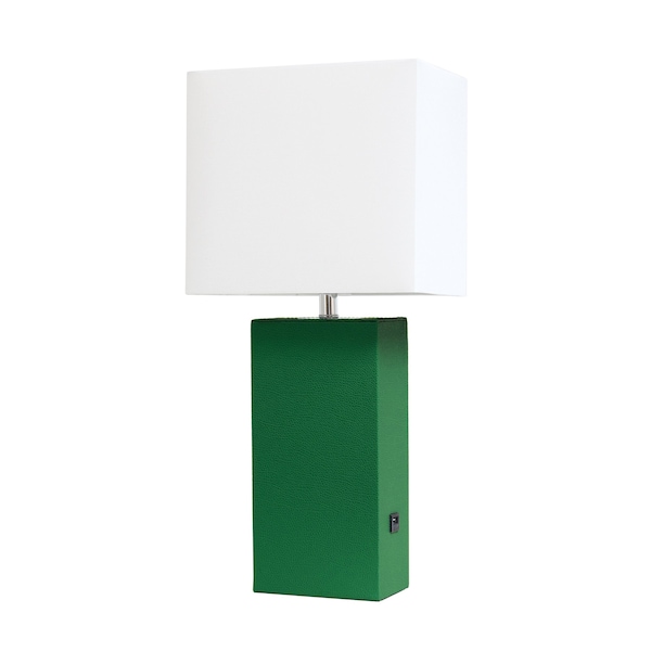 Homeroots 21" Green Faux Leather USB Table Lamp LED With White Shade 643069 - main