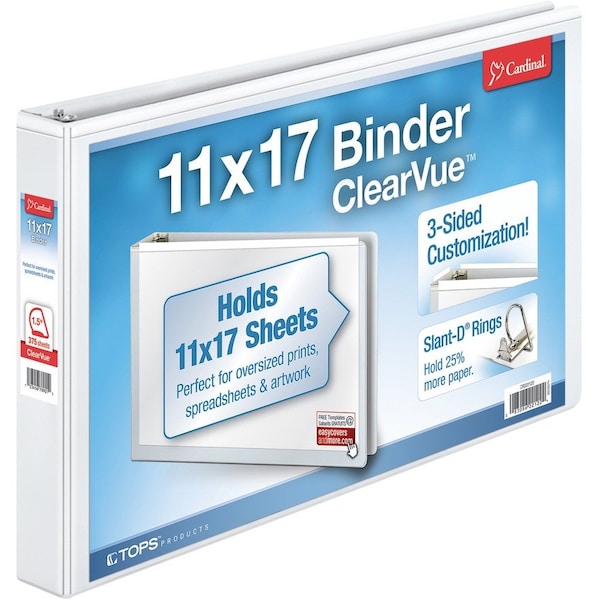 Cardinal Brands Cardinal, CLEARVUE SLANT-D RING BINDER, 3 RINGS, 1.5in CAPACITY, 11 X 17, WHITE 22122 - main