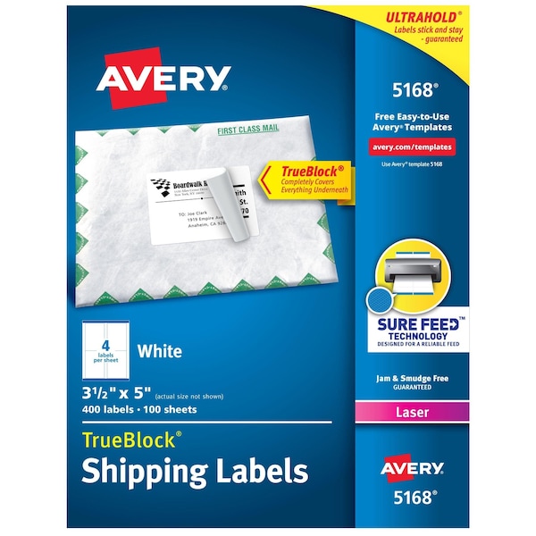 Avery Laser Label, 5 in Label W, 3 1/2 in Label H, 4 Labels per Sheet White 7278205168 - main