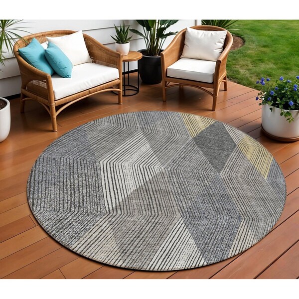 Homeroots 8' Pewter Gray And Gold Round Argyle Washable Indoor Outdoor Area Rug 613731 - main