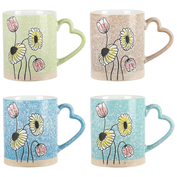Gibson Home Sunbloom 4 Piece 15 Ounce Flower Wax Relief Design Mug Set with Heart Shaped Handles 136961.04R - main