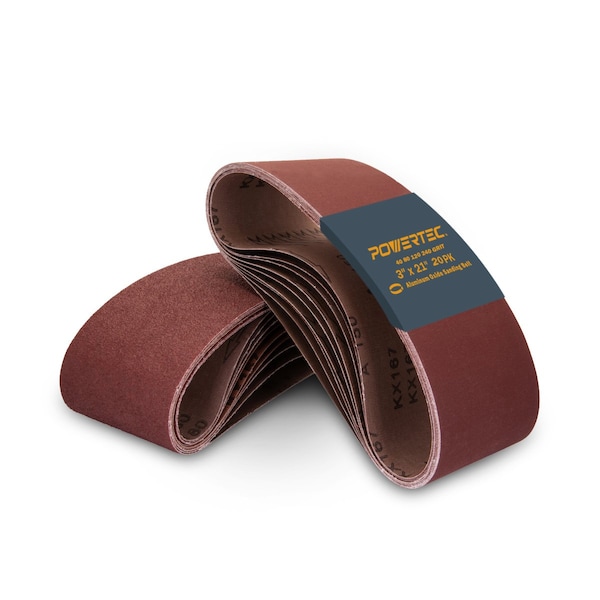 Powertec Sanding Belt Assortment, 3 in. W, 21 in. L, 5 Each of 40/80/120/240 Grits, Aluminum Oxide, 20PK 11043-2N - main