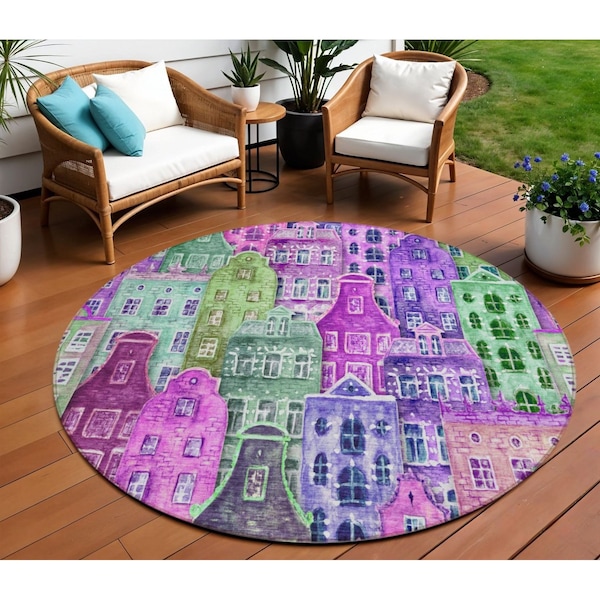 Homeroots 8' Purple Lilac And Green Round Village Houses Washable Indoor Outdoor Area Rug 577873 - main