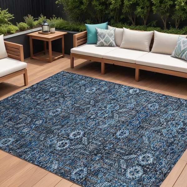 Homeroots 8' X 10' Blue and Black Floral Washable Non Skid Indoor Outdoor Area Rug 564308 - main