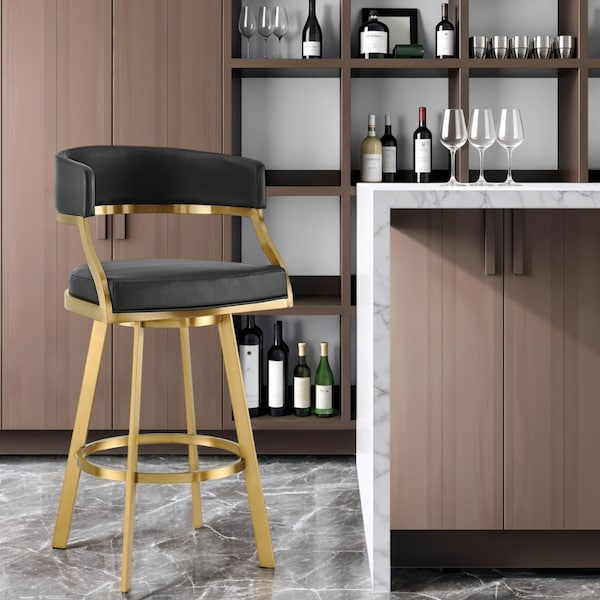Homeroots 30" Black and Gold Faux Leather and Stainless Steel Low Back Bar Height Swivel Bar Chair 569177 - main