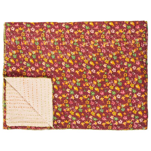 Homeroots 50" X 70" Maroon Yellow and Green Kantha Cotton Floral Throw Blanket with Embroidery 293211 - main