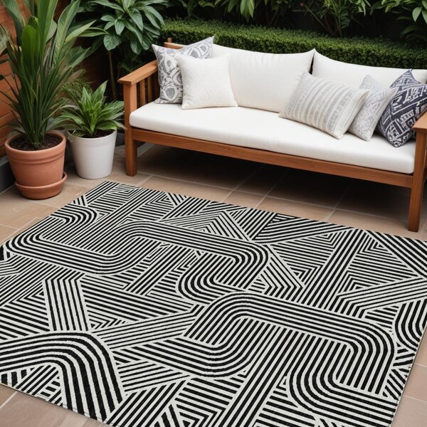 Homeroots 8' X 10' Black And Ivory Abstract Washable Indoor Outdoor Area Rug 594908 - main