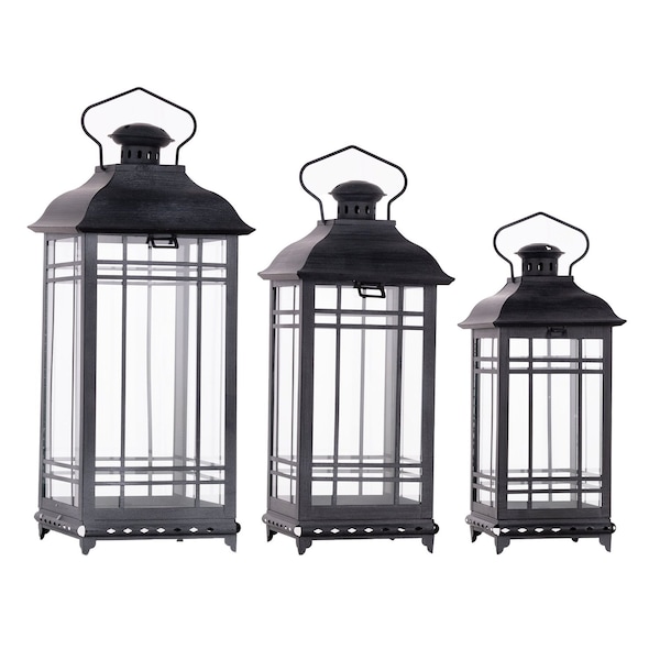 Homeroots Set of Three Gray Distressed Geometric Glass And Metal Floor Lantern Candle Holders, 3PK 516440 - main