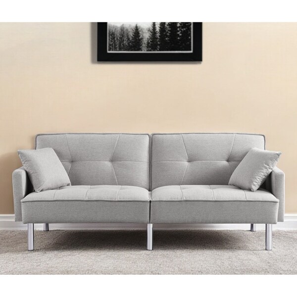 Homeroots 85" Light Gray Polyester Blend Convertible Futon Sleeper Sofa And Toss Pillows With Silver Legs 544954 - main