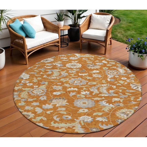 Homeroots 8' Copper Green And Gray Round Floral Washable Indoor Outdoor Area Rug 597844 - main