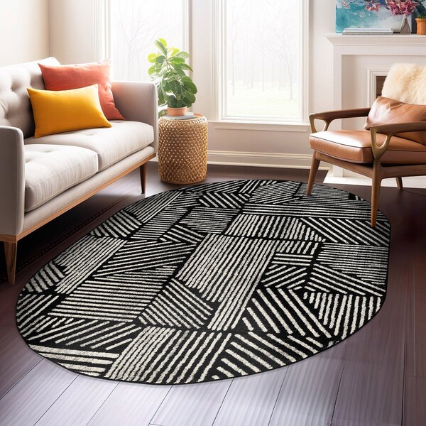 World Rug Gallery Contemporary Boho Stripes Non Shedding Soft Area Rug 6 ft 6 in x 6 ft 6 in Square Black 396BLACK6SQ - main