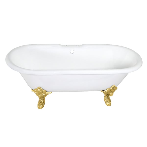 Kingston Brass 72" Cast Iron Oval Double Ended Clawfoot Tub, 7" Faucet Drillings, White/Brushed Brass VCT7DE7232NL7 - main