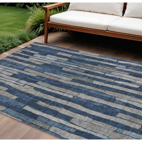 Homeroots 8' X 10' Navy Blue And Denim Blue Striped Washable Indoor Outdoor Area Rug 608955 - main