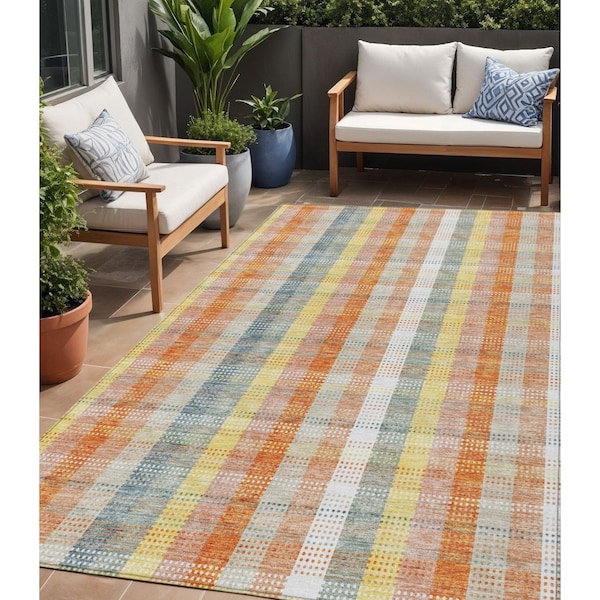Homeroots 5' X 8' Peach Ivory And Orange Plaid Washable Indoor Outdoor Area Rug 613982 - main