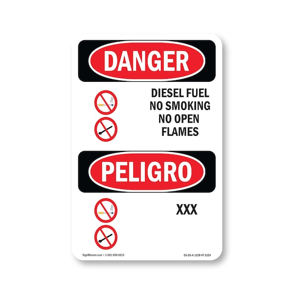Signmission OSHA Danger Sign, 18" Height, Aluminum, Diesel Fuel No Smoking Bilingual, 1218-VT-1124 OS-DS-A-1218-VT-1124 - main