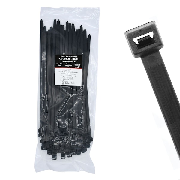 Cable Ties Unlimited Cable Tie, 11 in L, 120 lb Strength, 3.2 in Max Bundle Dia, Nylon 6/6, UV Resistant, Black, 100PK LHD11-120-0C - main