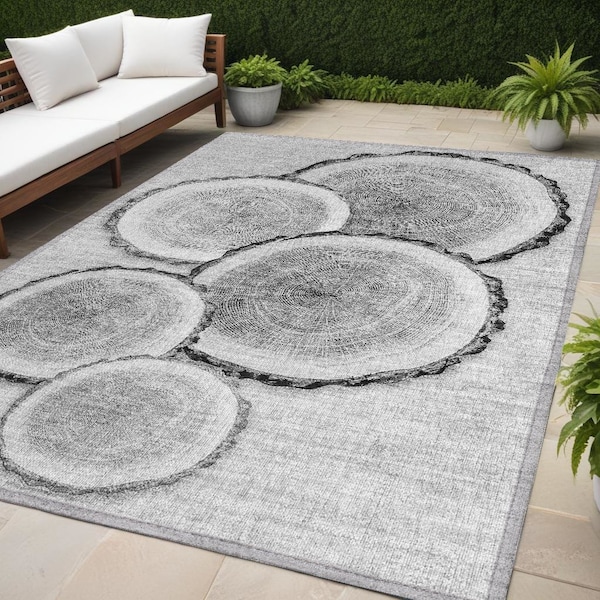 Homeroots 5' X 8' Gray and Black Faux Bois Washable Non Skid Indoor Outdoor Area Rug 564414 - main