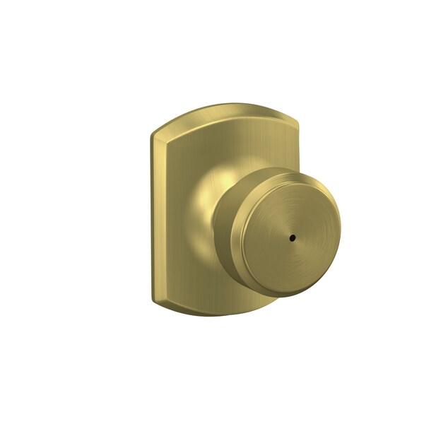 Schlage Residential Bowery Knob with Greenwich Rose Privacy Lock with 16080 Latch and 10027 Strike Satin Brass Finish F40BWE608GRW - main