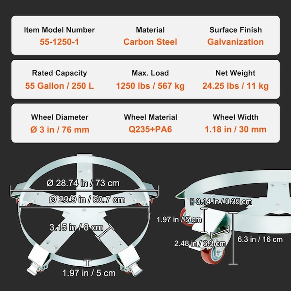 Vevor 55 Gal Drum Dolly Heavy Duty Barrel Cart 1250lbs with Swivel Casters Steel 55-1250-1 - main