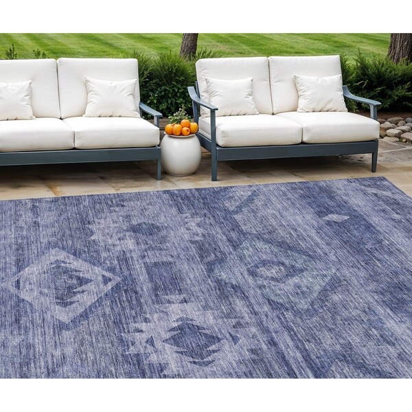 Homeroots 9' X 12' Navy Blue And Denim Blue Southwestern Washable Indoor Outdoor Area Rug 588712 - main