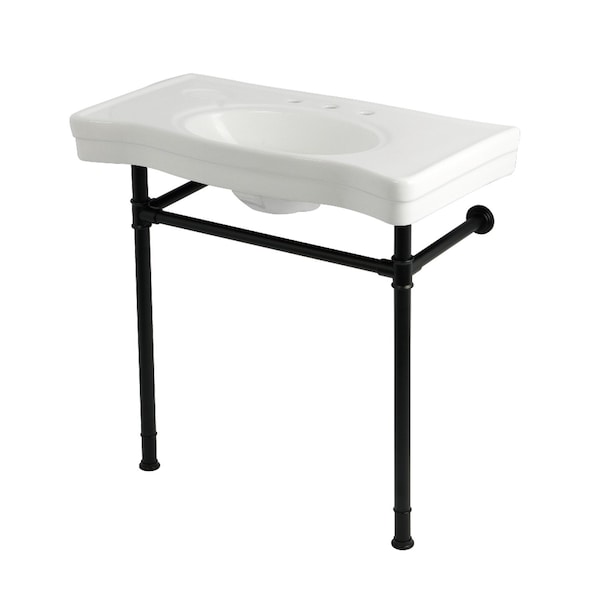 Kingston Brass 36" Ceramic Console Sink with Stainless Steel Legs, 8-Inch, 3-Hole, White/Matte Black KVPB36198W380 - main