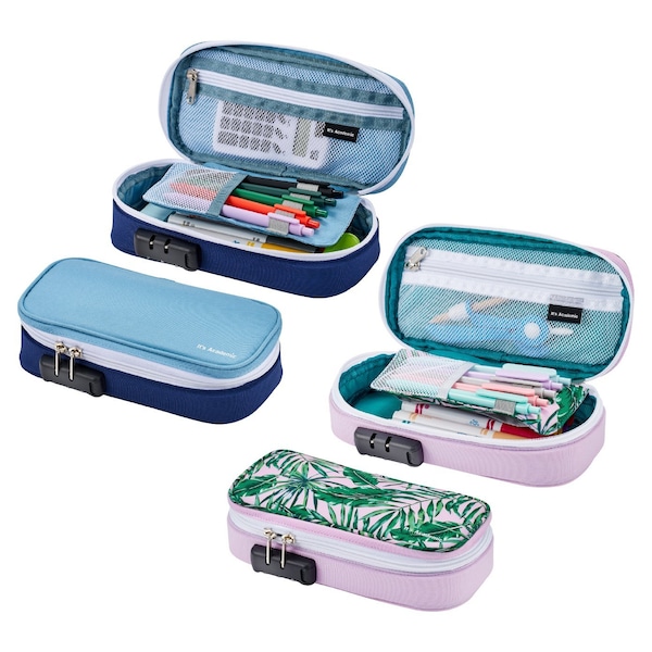 Its Academic Locking Pencil Case, For Office & School Supplies, Travel Organizer Bag, Palm Tree & Blue, 2-Pack 24371-PMBL-2PK - main